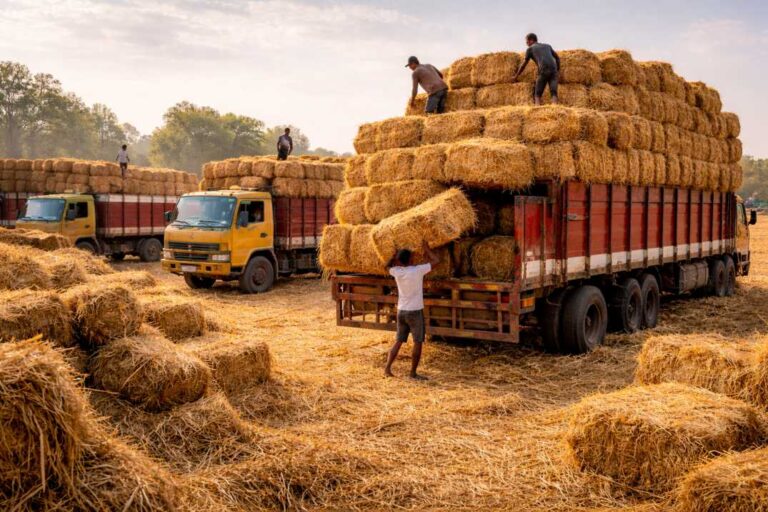 Wheat straw bales being loaded onto a truck at a farm location