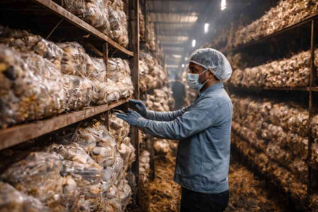 Worker handling mushroom beds prepared using wheat straw