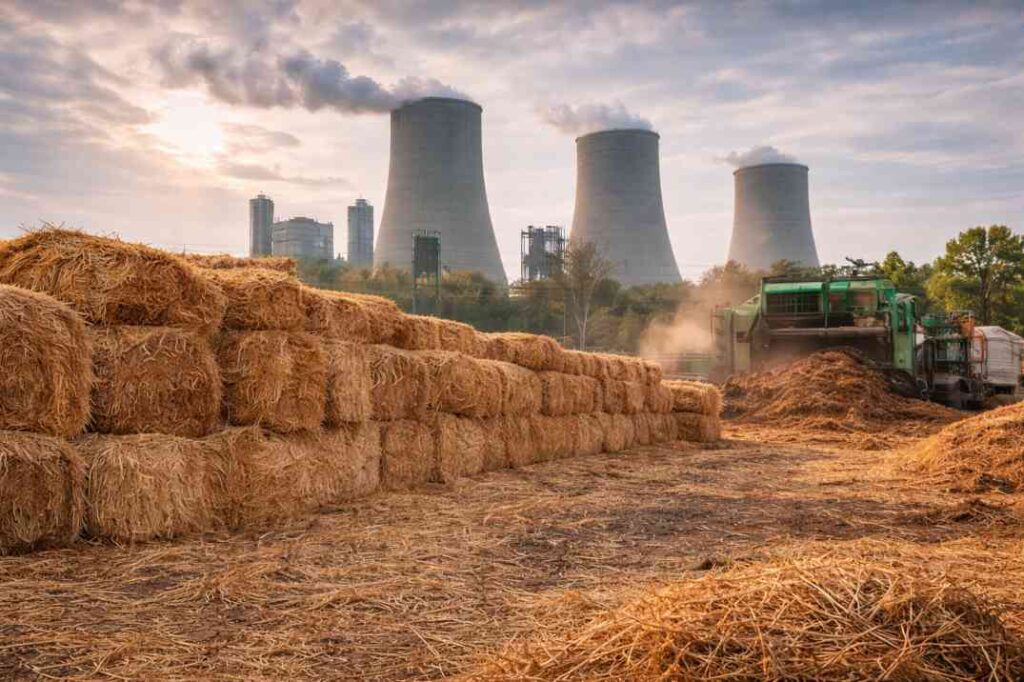 Wheat straw bales stored near a biomass and power plant site