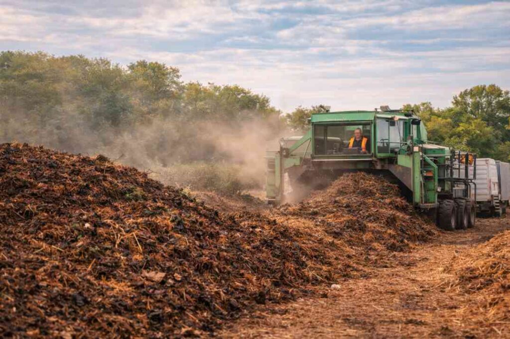 Compost material being processed using wheat straw at a manure unit