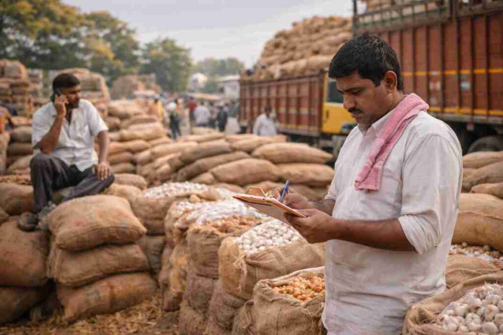 Agricultural trader checking stock and quantity at a storage yard