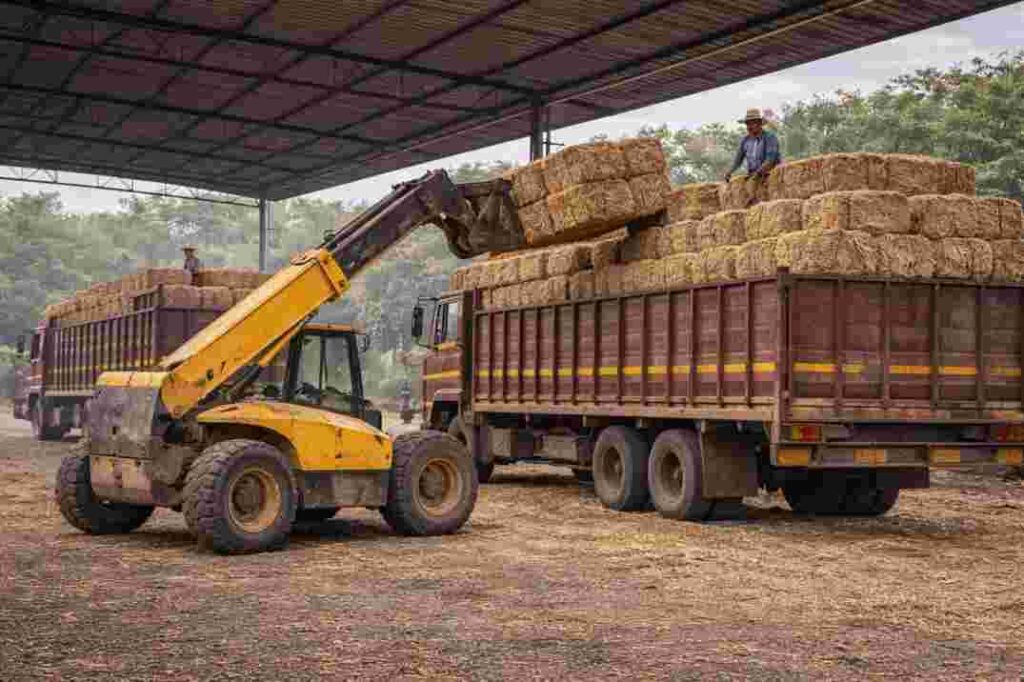 Wheat straw bales being loaded on a truck