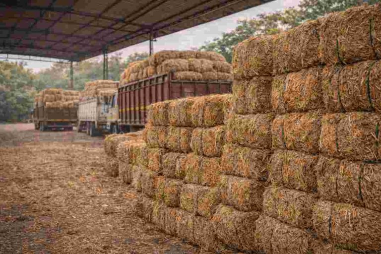 Wheat straw bales stacked at storage yard before truck loading